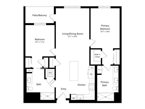 Floor plan for 2 beds, 2 baths, 1134 sqft